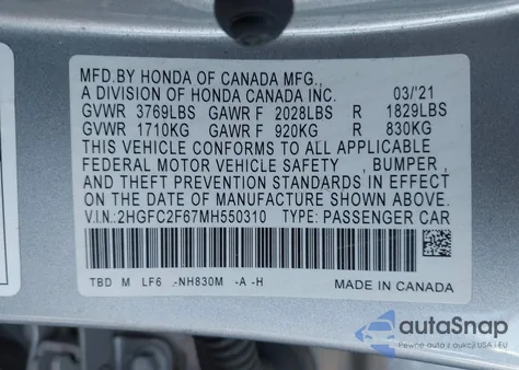 2021 Honda Civic Lx from USA, damaged, VIN 2HGFC2F67MH550310
